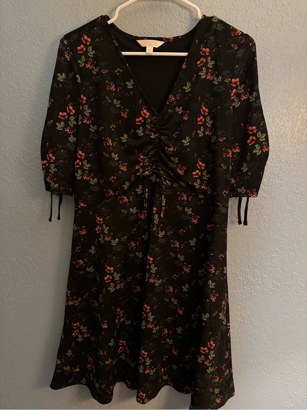 LC Lauren Conrad Black Floral Midi Dress with Pink and Green Accents